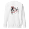 Back view of a solid-colored sweatshirt. A large graphic on the upper back features a high-contrast, close-up illustration of Arlecchino from Genshin Impact’s eyes. The design is layered with the text "the KNAVE of HER" and various other typographic and abstract elements.