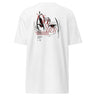 Back view of a solid-colored shirt. A large graphic on the upper back features a high-contrast, close-up illustration of Arlecchino from Genshin Impact’s eyes. The design is layered with the text "the KNAVE of HER" and various other typographic and abstract elements.