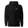 Front view of a solid-colored, hoodie. A small graphic on the left chest features a large, high-contrast 'X' symbol next to a small, vertical block of text and code-like characters.