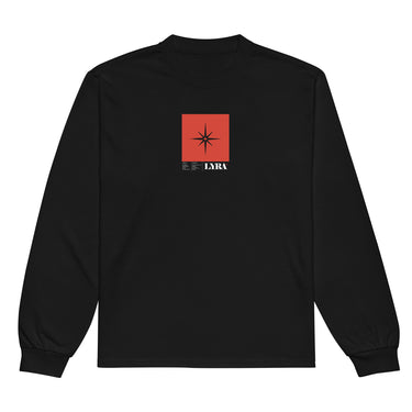 Front view of a solid-colored, longsleeve. A small graphic is centered on the chest, featuring a solid vertical rectangle containing a four-pointed star. The word "LYRA" and a small block of technical-style text are positioned below the rectangle.