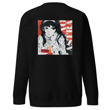 Back view of a solid-colored, sweatshirt. A large, square graphic on the upper back features a high-contrast, manga-style illustration of Astra Yao from Zenless Zone Zero. The word "ASTRA" is written vertically in large, high-contrast letters along the right side of the image. It is designed to be similar to an album cover.