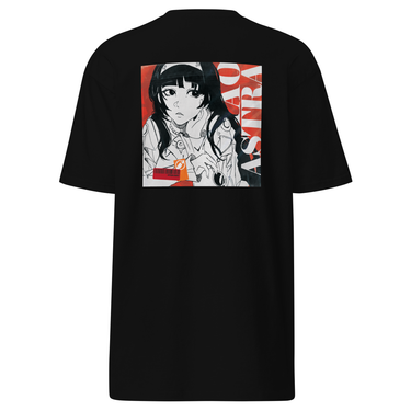 Back view of a solid-colored, shirt. A large, square graphic on the upper back features a high-contrast, manga-style illustration of Astra Yao from Zenless Zone Zero. The word "ASTRA" is written vertically in large, high-contrast letters along the right side of the image. It is designed to be similar to an album cover.