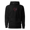 Front view of a solid-colored, hoodie. A small graphic is centered on the chest, featuring a circular emblem made of three swirling shapes, rendered with a high-contrast, distressed texture.