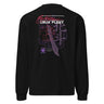 Back view of a solid-colored, longsleeve. A large, vertical collage graphic is centered on the back. It features an ornate dagger as the central element, layered over large Chinese calligraphy characters and swirling line art. The design includes the prominent text "CRUX FLEET" and other stylized typography.