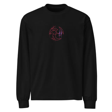 Front view of a solid-colored, longsleeve. A small graphic is centered on the chest, featuring a circular emblem made of three swirling shapes, rendered with a high-contrast, distressed texture.