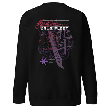 Back view of a solid-colored, sweatshirt. A large, vertical collage graphic is centered on the back. It features an ornate dagger as the central element, layered over large Chinese calligraphy characters and swirling line art. The design includes the prominent text "CRUX FLEET" and other stylized typography.