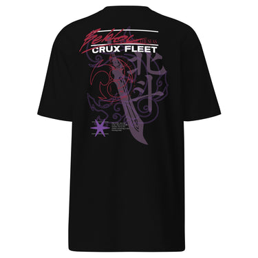 Back view of a solid-colored, shirt. A large, vertical collage graphic is centered on the back. It features an ornate dagger as the central element, layered over large Chinese calligraphy characters and swirling line art. The design includes the prominent text "CRUX FLEET" and other stylized typography.