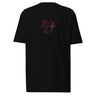 Front view of a solid-colored, shirt. A small graphic is centered on the chest, featuring a circular emblem made of three swirling shapes, rendered with a high-contrast, distressed texture.