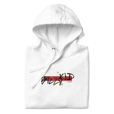 A white folded hoodie with the hood visible at the top, featuring a graphic design on the chest. The design has a horizontal red bar with distressed edges. Overlaid on the red bar are the words "Billy Kid" in black, stylized, distressed lettering. Several gold safety pins are scattered and connected, forming a loose, abstract shape over and around the "Billy Kid" text. Below the word "Kid" on the right, it reads "Cyborg" in a smaller, simpler black font. The hoodie strings are visible lying on the folded ga