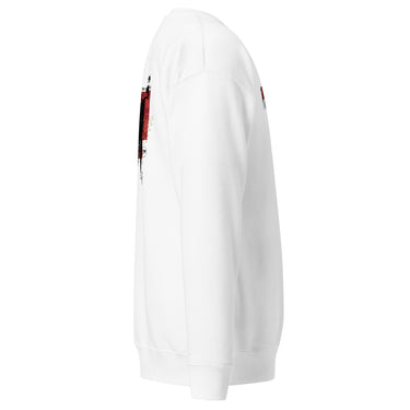 A white crewneck sweatshirt viewed from the right side. A portion of a distressed red and black graphic is visible on the upper back/shoulder area of the sweatshirt. The right sleeve is plain white.