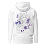 Back view of a solid-colored hoodie. A large graphic on the upper back features a fine-line illustration of the character Black Swan from Honkai: Star Rail holding several cards. The design is layered with large, high-contrast text and abstract shapes.