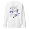 Back view of a solid-colored sweatshirt. A large graphic on the upper back features a fine-line illustration of the character Black Swan from Honkai: Star Rail holding several cards. The design is layered with large, high-contrast text and abstract shapes.