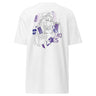 Back view of a solid-colored shirt. A large graphic on the upper back features a fine-line illustration of the character Black Swan from Honkai: Star Rail holding several cards. The design is layered with large, high-contrast text and abstract shapes.