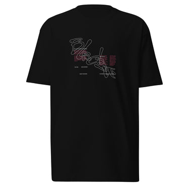 Front view of a solid-colored shirt. A large graphic on the chest features the word "BLADE" written in a single, continuous, high-contrast line. Several small, high-contrast blocks of text are layered over the line art.