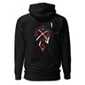 Back view of a solid-colored hoodie. A large graphic on the upper back features a circular, gear-like object with text such as "BOOTHILL" arranged around it. The design is layered with high-contrast illustrations of bullets and knives, with a large chevron symbol below.
