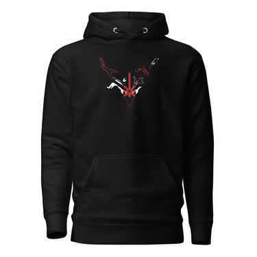 Front view of a solid-colored hoodie. A graphic centered on the chest features a high-contrast, stylized illustration of a horned animal skull, with a compass rose symbol at its center and a dagger piercing through the top.