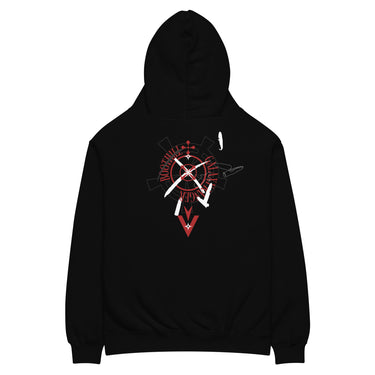 Back view of a solid-colored oversized-hoodie. A large graphic on the upper back features a circular, gear-like object with text such as "BOOTHILL" arranged around it. The design is layered with high-contrast illustrations of bullets and knives, with a large chevron symbol below.