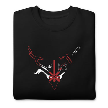 A solid-colored sweatshirt, neatly folded. A graphic on the chest features a deconstructed, high-contrast illustration of a horned animal skull, with elements like a knife and bullet shell exploding outwards.