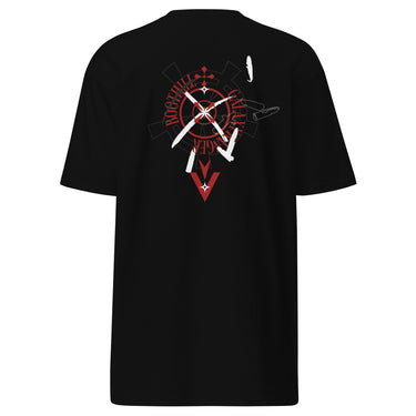 Back view of a solid-colored shirt. A large graphic on the upper back features a circular, gear-like object with text such as "BOOTHILL" arranged around it. The design is layered with high-contrast illustrations of bullets and knives, with a large chevron symbol below.
