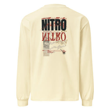 Back view of a solid-colored, oversized longsleeve. A large, vertical collage graphic with a distressed aesthetic is centered on the upper back. It features the bold text "NITRO", a graffiti-style word, a line drawing of an biker helmet, and various other textures and symbols.