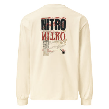 Back view of a solid-colored, oversized longsleeve. A large, vertical collage graphic with a distressed aesthetic is centered on the upper back. It features the bold text "NITRO", a graffiti-style word, a line drawing of an biker helmet, and various other textures and symbols.