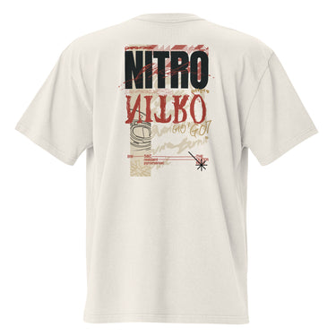 Back view of a solid-colored, oversized oversized-tee. A large, vertical collage graphic with a distressed aesthetic is centered on the upper back. It features the bold text "NITRO", a graffiti-style word, a line drawing of an biker helmet, and various other textures and symbols.
