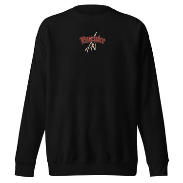 Front view of a solid-colored, oversized sweatshirt. A small graphic is centered on the chest, featuring the word "Burnice" in a high-contrast, gothic-style blackletter font, with subtle, sketchy lines in the background.