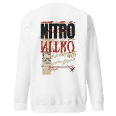 Back view of a solid-colored, oversized sweatshirt. A large, vertical collage graphic with a distressed aesthetic is centered on the upper back. It features the bold text "NITRO", a graffiti-style word, a line drawing of an biker helmet, and various other textures and symbols.
