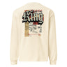 Back view of a solid-colored, longsleeve. A large, vertical collage graphic on the upper back features the word "King" in a bold, three-dimensional gothic font. The design is layered with a line drawing of an biker helmet, various handwritten signatures, and blocks of text.