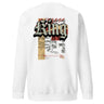 Back view of a solid-colored, sweatshirt. A large, vertical collage graphic on the upper back features the word "King" in a bold, three-dimensional gothic font. The design is layered with a line drawing of an biker helmet, various handwritten signatures, and blocks of text.