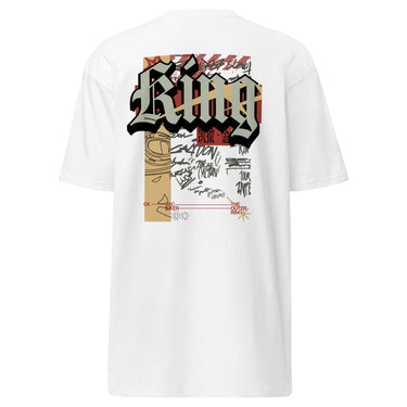 Back view of a solid-colored, shirt. A large, vertical collage graphic on the upper back features the word "King" in a bold, three-dimensional gothic font. The design is layered with a line drawing of an biker helmet, various handwritten signatures, and blocks of text.
