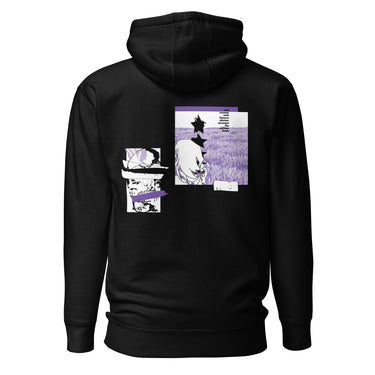 Back view of a solid-colored, hoodie. The back features two separate vertical graphics. The larger graphic on the right shows the figure of Castorice from Honkai: Star Rail in a densely textured field. The smaller graphic on the left is a distorted, high-contrast portrait of a skull, with solid bars layered over it.