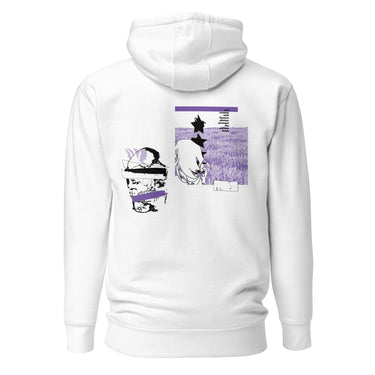 Back view of a solid-colored, hoodie. The back features two separate vertical graphics. The larger graphic on the right shows the figure of Castorice from Honkai: Star Rail in a densely textured field. The smaller graphic on the left is a distorted, high-contrast portrait of a skull, with solid bars layered over it.