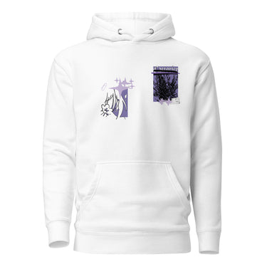 Front view of a solid-colored, hoodie. The chest features two separate collage-style graphics. One is a vertical rectangle containing a high-contrast illustration of a thorny bush. The other graphic features a line drawing of a character's head and hair, with several star shapes and a solid rectangular background.