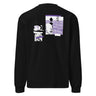 Back view of a solid-colored, longsleeve. The back features two separate vertical graphics. The larger graphic on the right shows the figure of Castorice from Honkai: Star Rail in a densely textured field. The smaller graphic on the left is a distorted, high-contrast portrait of a skull, with solid bars layered over it.