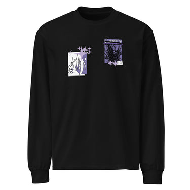 Front view of a solid-colored, longsleeve. The chest features two separate collage-style graphics. One is a vertical rectangle containing a high-contrast illustration of a thorny bush. The other graphic features a line drawing of a character's head and hair, with several star shapes and a solid rectangular background.