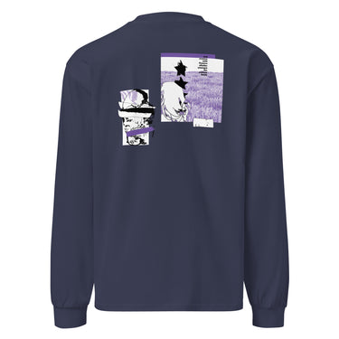 Back view of a solid-colored, longsleeve. The back features two separate vertical graphics. The larger graphic on the right shows the figure of Castorice from Honkai: Star Rail in a densely textured field. The smaller graphic on the left is a distorted, high-contrast portrait of a skull, with solid bars layered over it.