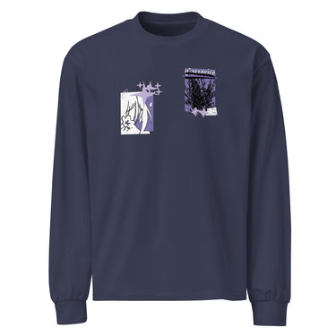 Front view of a solid-colored, longsleeve. The chest features two separate collage-style graphics. One is a vertical rectangle containing a high-contrast illustration of a thorny bush. The other graphic features a line drawing of a character's head and hair, with several star shapes and a solid rectangular background.