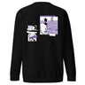 Back view of a solid-colored, sweatshirt. The back features two separate vertical graphics. The larger graphic on the right shows the figure of Castorice from Honkai: Star Rail in a densely textured field. The smaller graphic on the left is a distorted, high-contrast portrait of a skull, with solid bars layered over it.