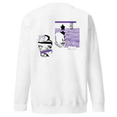 Back view of a solid-colored, sweatshirt. The back features two separate vertical graphics. The larger graphic on the right shows the figure of Castorice from Honkai: Star Rail in a densely textured field. The smaller graphic on the left is a distorted, high-contrast portrait of a skull, with solid bars layered over it.