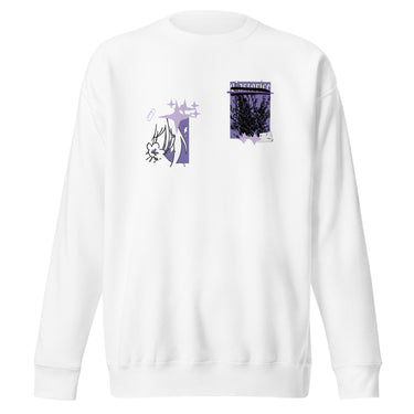 Front view of a solid-colored, sweatshirt. The chest features two separate collage-style graphics. One is a vertical rectangle containing a high-contrast illustration of a thorny bush. The other graphic features a line drawing of a character's head and hair, with several star shapes and a solid rectangular background.