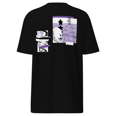 Back view of a solid-colored, shirt. The back features two separate vertical graphics. The larger graphic on the right shows the figure of Castorice from Honkai: Star Rail in a densely textured field. The smaller graphic on the left is a distorted, high-contrast portrait of a skull, with solid bars layered over it.