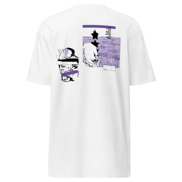 Back view of a solid-colored, shirt. The back features two separate vertical graphics. The larger graphic on the right shows the figure of Castorice from Honkai: Star Rail in a densely textured field. The smaller graphic on the left is a distorted, high-contrast portrait of a skull, with solid bars layered over it.