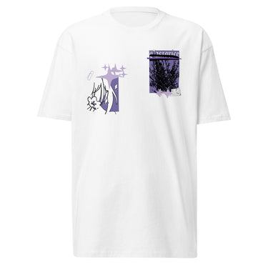 Front view of a solid-colored, shirt. The chest features two separate collage-style graphics. One is a vertical rectangle containing a high-contrast illustration of a thorny bush. The other graphic features a line drawing of a character's head and hair, with several star shapes and a solid rectangular background.