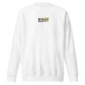 Front view of an sweatshirt. A small graphic on the left chest resembles a product label, featuring a black barcode next to a pale yellow box with the words "ROGUES" and "FLEET-FOOTED" inside.