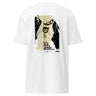 Back view of an shirt. A large, vertical graphic in black and pale yellow is centered on the back, featuring a high-contrast silhouette of Cipher from Honkai: Star Rail’s head and neck. The design is a collage layered with large, stylized Greek or Cyrillic text and smaller paragraphs.