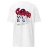 Back view of a solid-colored shirt. A large collage graphic on the upper back features the words "Clara" and "Svarog" in stylized fonts, layered over fine-line schematic diagrams.