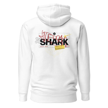 Back view of a solid-colored hoodie. A large, chaotic collage graphic on the upper back features the word "SHARK" in a bold font. The design is layered with various handwritten signatures, sketchy scribbles, and abstract background patterns.