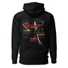 Back view of a solid-colored, hoodie. A large collage graphic is centered on the back, dominated by large, overlapping, outline-style typography. The design is layered with rectangular blocks, fine sketchy lines, and multiple smaller blocks of text, creating a deconstructed, schematic look. Featured text includes “Fire” “Atk” “Chevalier” “Dance of fire” “Dreamweave” amongst other phrases.