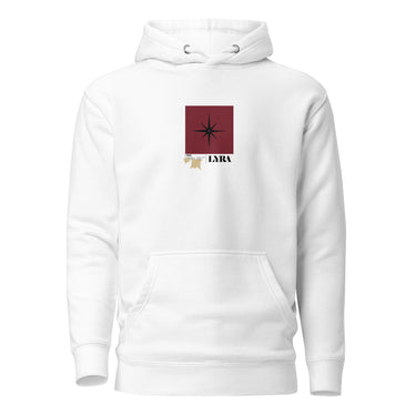 Front view of a solid-colored, hoodie. A small graphic is centered on the chest, featuring a solid vertical rectangle containing a four-pointed star. The word "LYRA" is next to it, and two small charm-like shapes hang from the bottom.